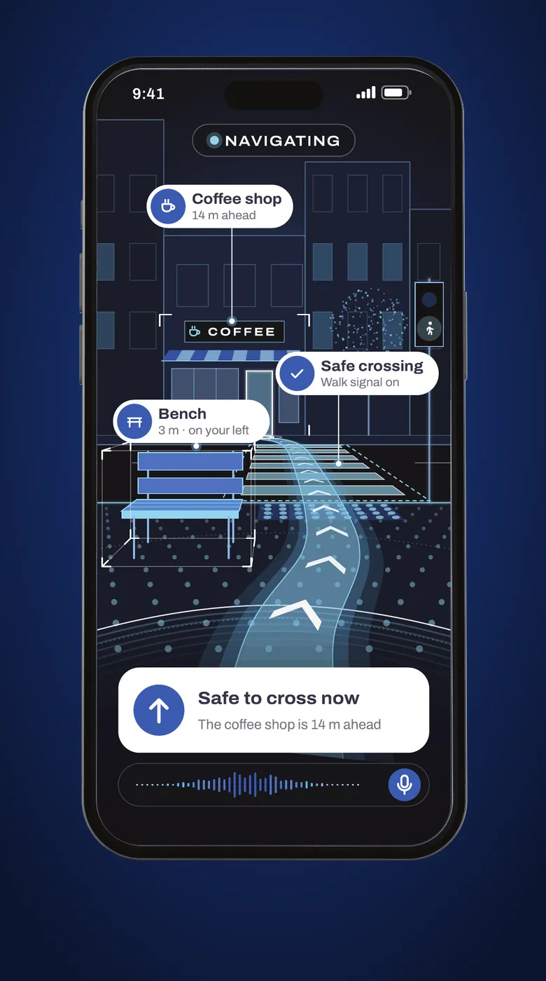 The ARA app on a phone in navigation mode, guiding the way to a coffee shop, on ARA's navy