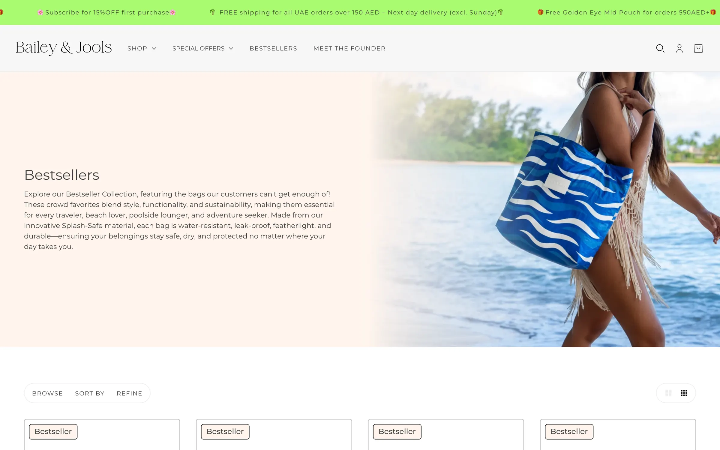 The Bestsellers collection: its introduction beside a photo of a woman walking into the sea with a blue striped tote