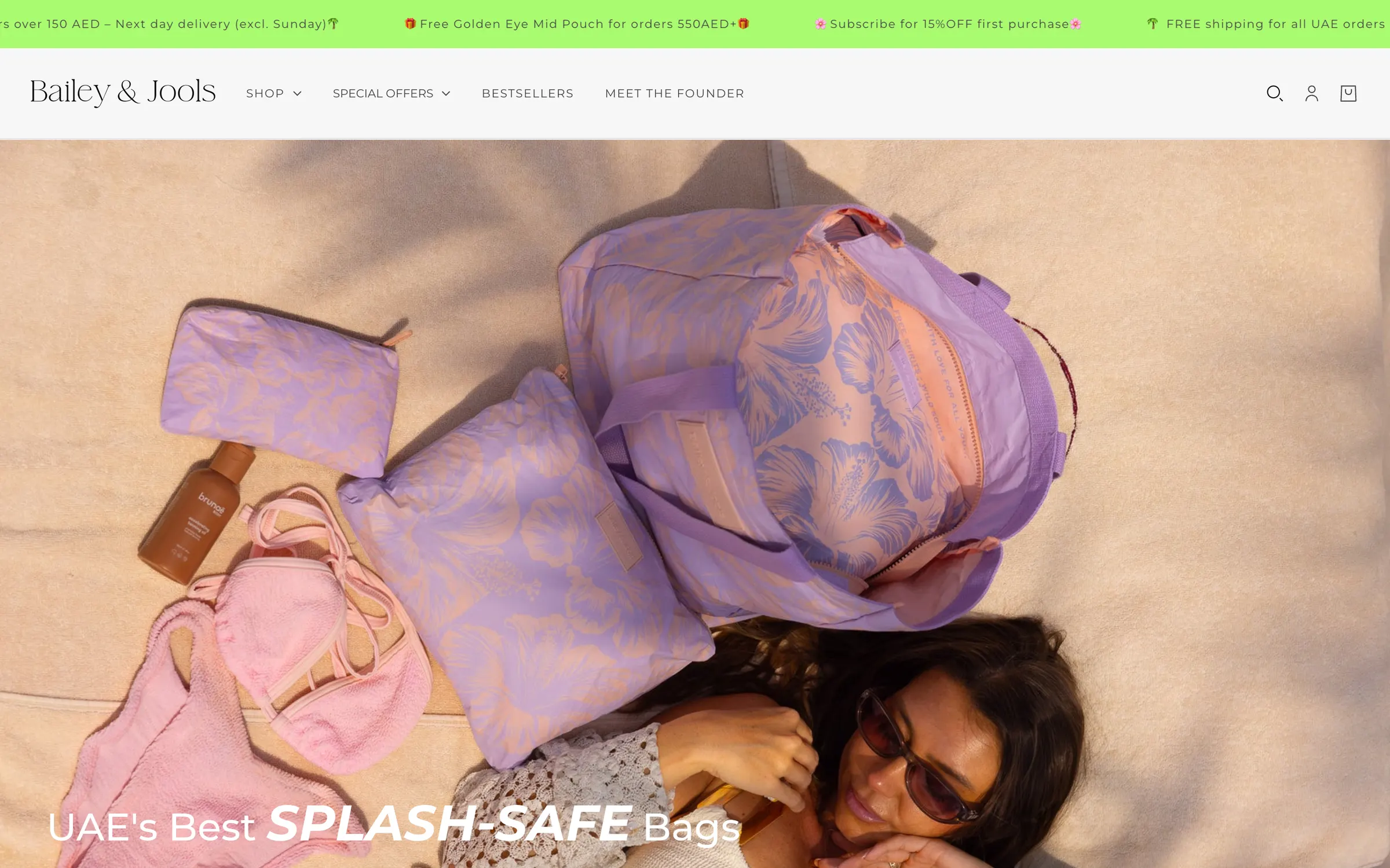 The Bailey & Jools homepage: a lilac bag and pouch on a sun lounger under the headline UAE's Best Splash-Safe Bags