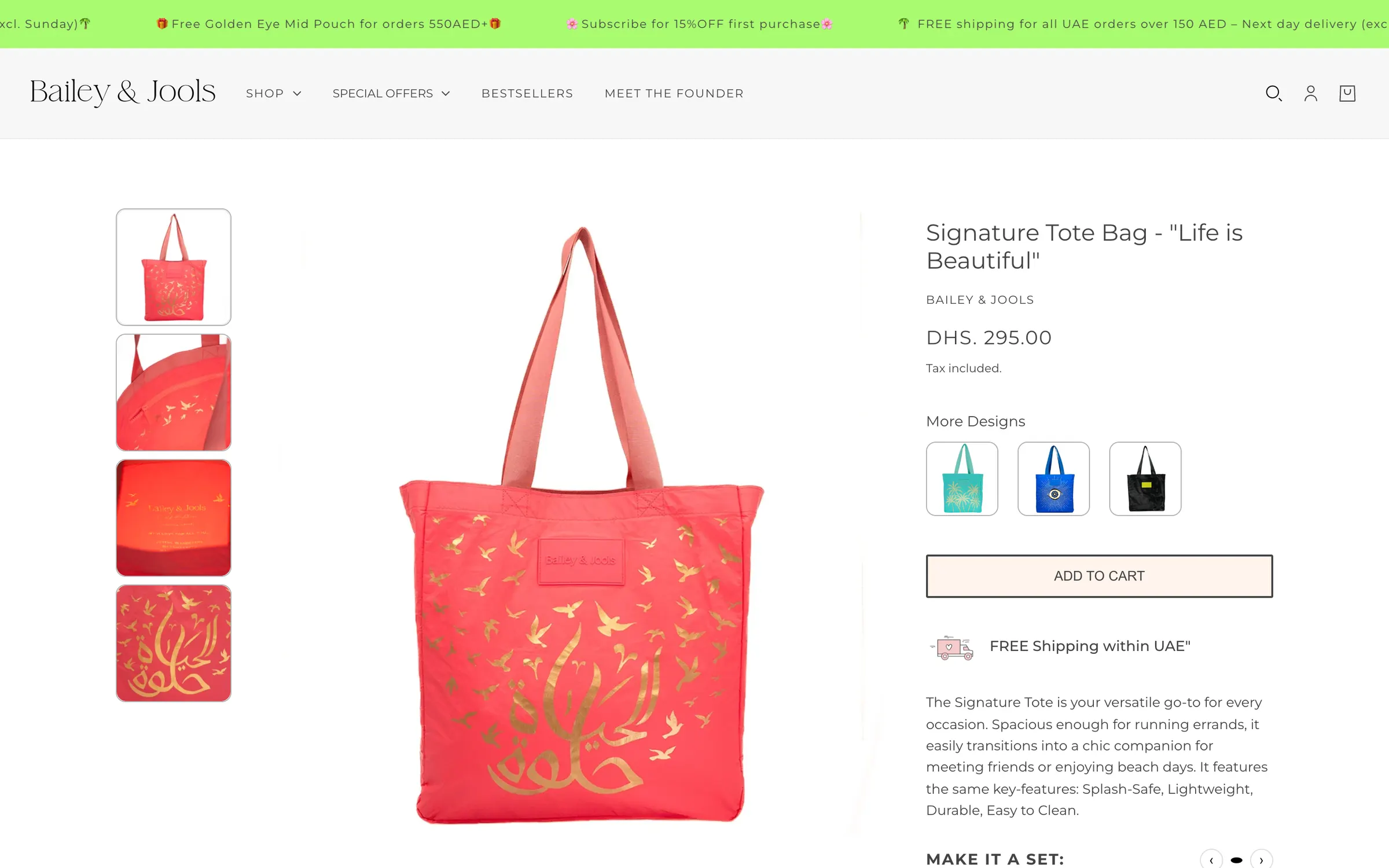 The product page for the coral Signature Tote Bag, Life is Beautiful: four photos, the price, more designs and add to cart