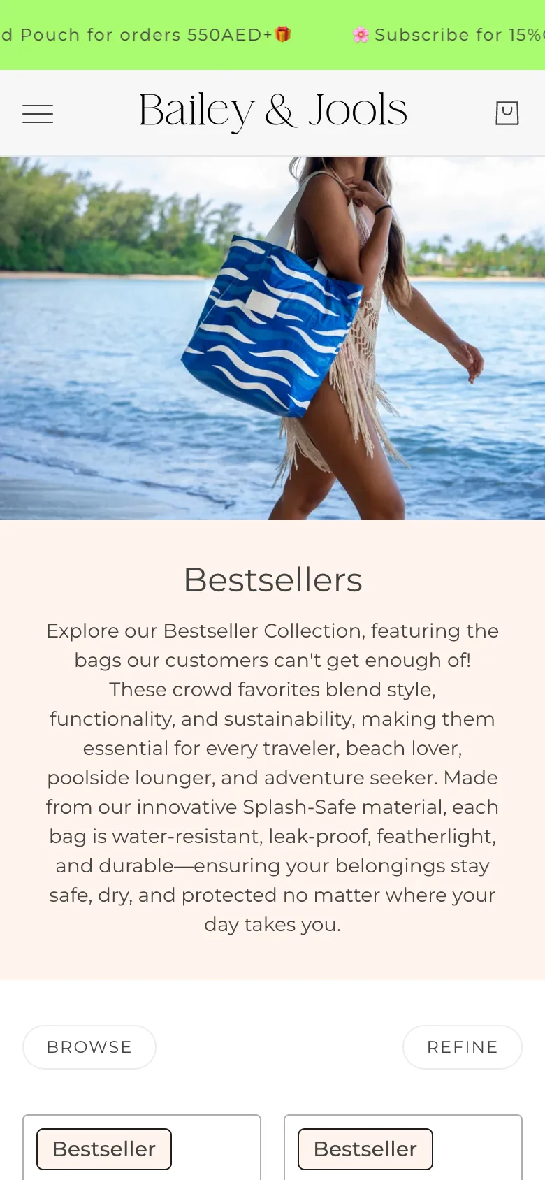 The Bestsellers collection on a phone: a woman with a blue striped tote by the sea, and the collection's introduction