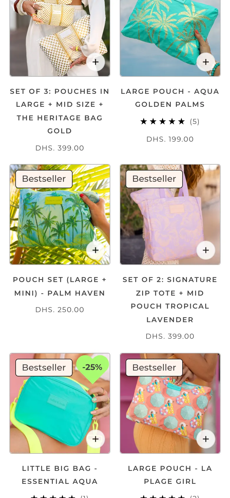 Further down the homepage on a phone: bestselling pouches and bags in bright prints, with their prices