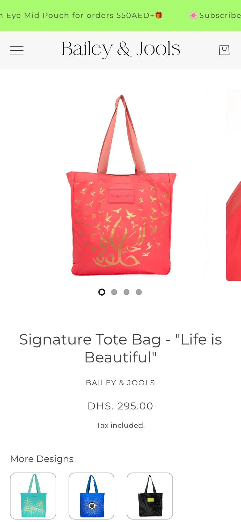 The coral Signature Tote Bag, Life is Beautiful, on a phone, with its price and more designs