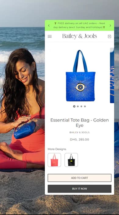 A woman on a beach with a blue Bailey & Jools tote and pouch, next to the new product page for the Essential Tote Bag in Golden Eye