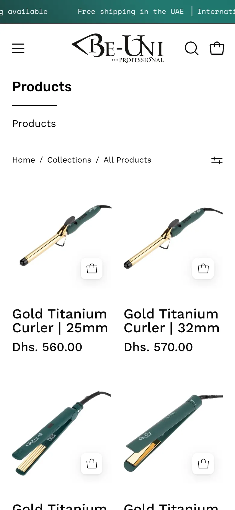 The Products collection on a phone: the 25mm and 32mm Gold Titanium Curlers with their prices