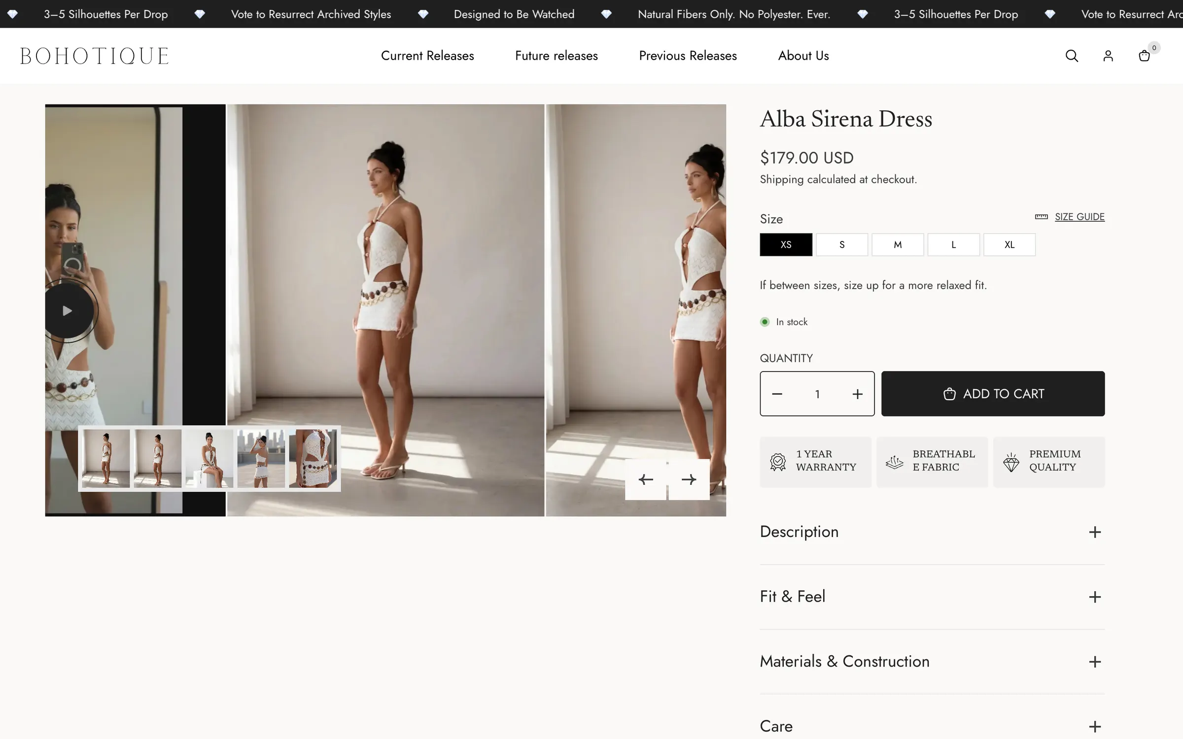 The product page for the Alba Sirena Dress: photos of the white dress, its price, sizes and add to cart