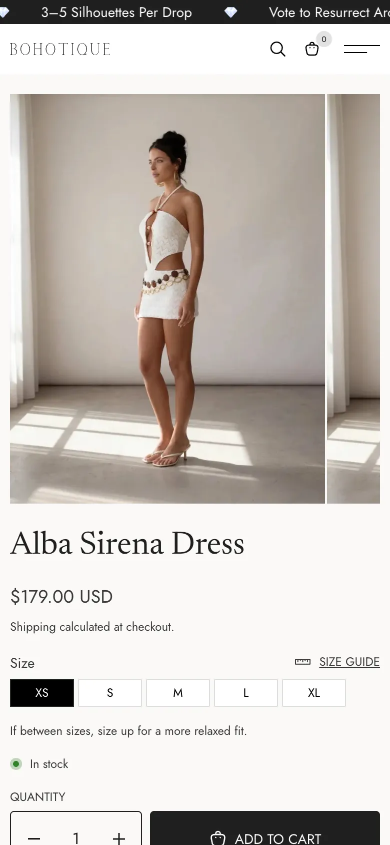 The Alba Sirena Dress on a phone: the photo, the price and the size picker