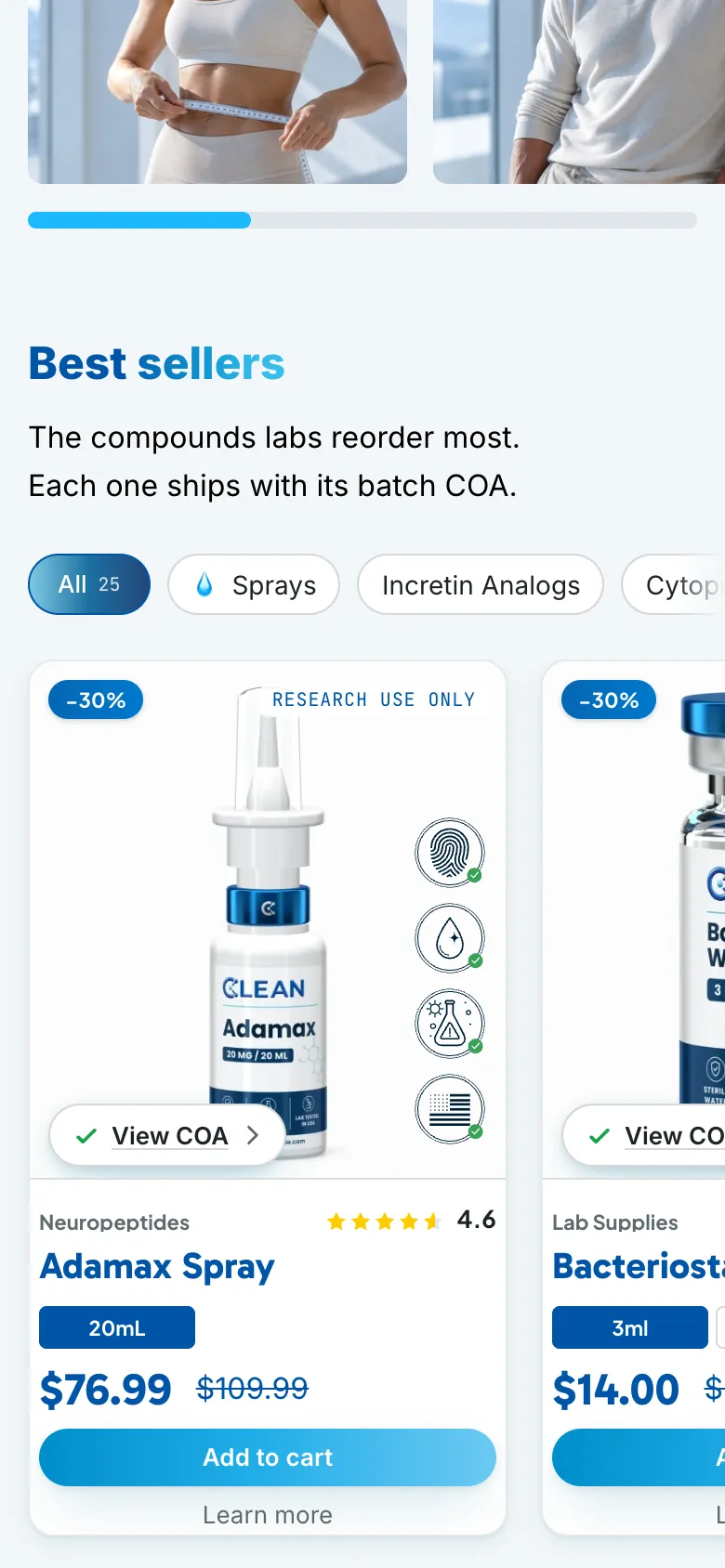 Further down the homepage on a phone: Best sellers, each one shipped with its batch COA