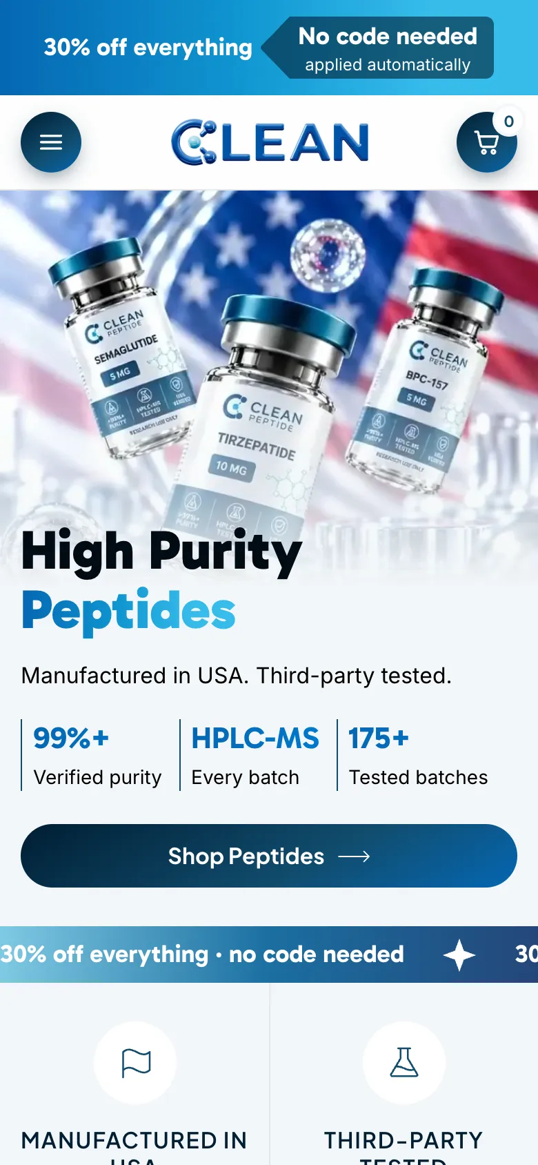 The homepage on a phone: the vials, High Purity Peptides and Shop Peptides