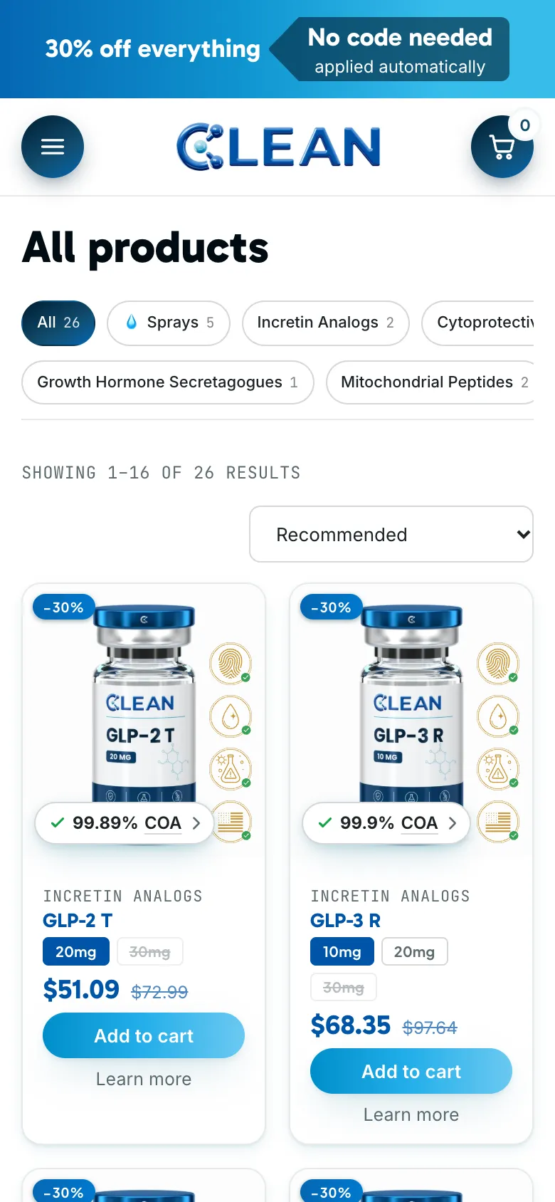 All products on a phone, with prices and links to each certificate