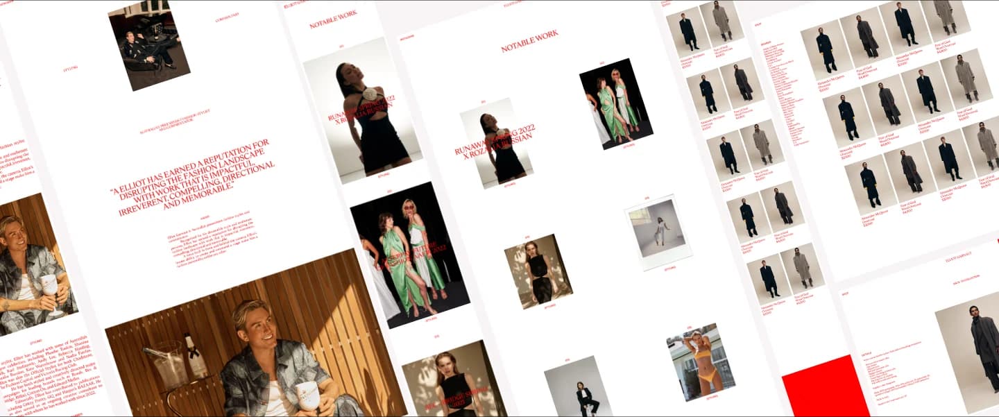 Pages of Elliot Garnaut's site in a tilted collage: red serif headlines, editorial portraits, his notable work and a rail of designer coats