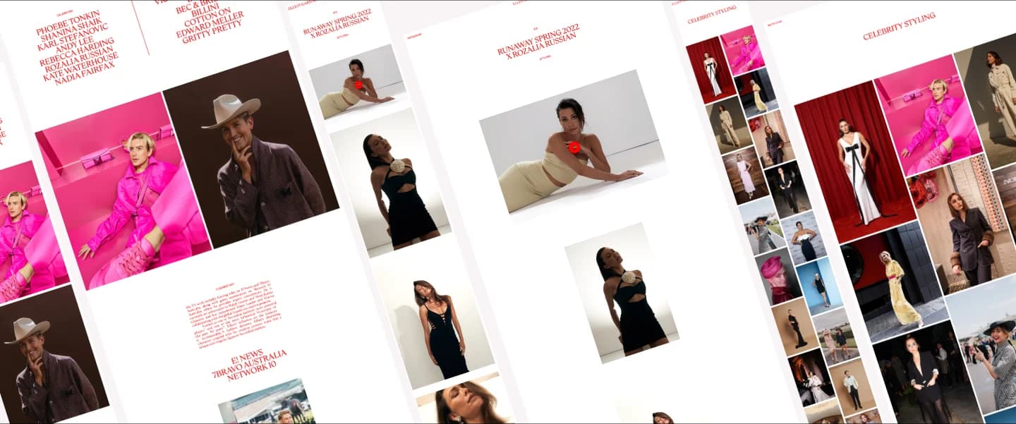 More of the site in a collage: the people he has styled, a runway collection, a TV feature and a celebrity styling gallery