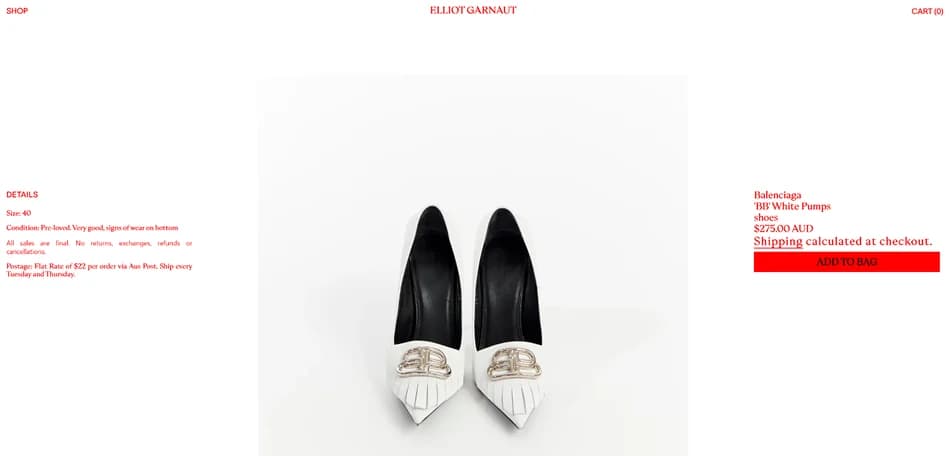 The product page for Balenciaga BB white pumps: the shoes on white, the price in Australian dollars and a red add to bag button