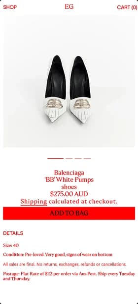 The same product page on a phone, with the white pumps, the price and the red add to bag button