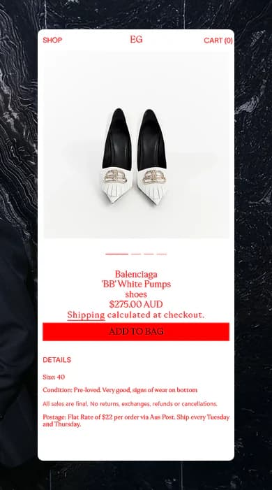 Elliot Garnaut in a black suit against dark marble, next to his store's product page for a pair of white pumps
