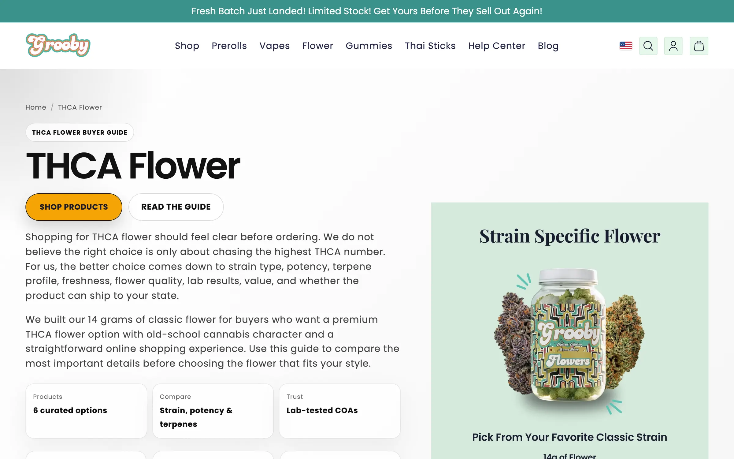 The THCA Flower collection: a buyer's guide beside a jar of Grooby flower