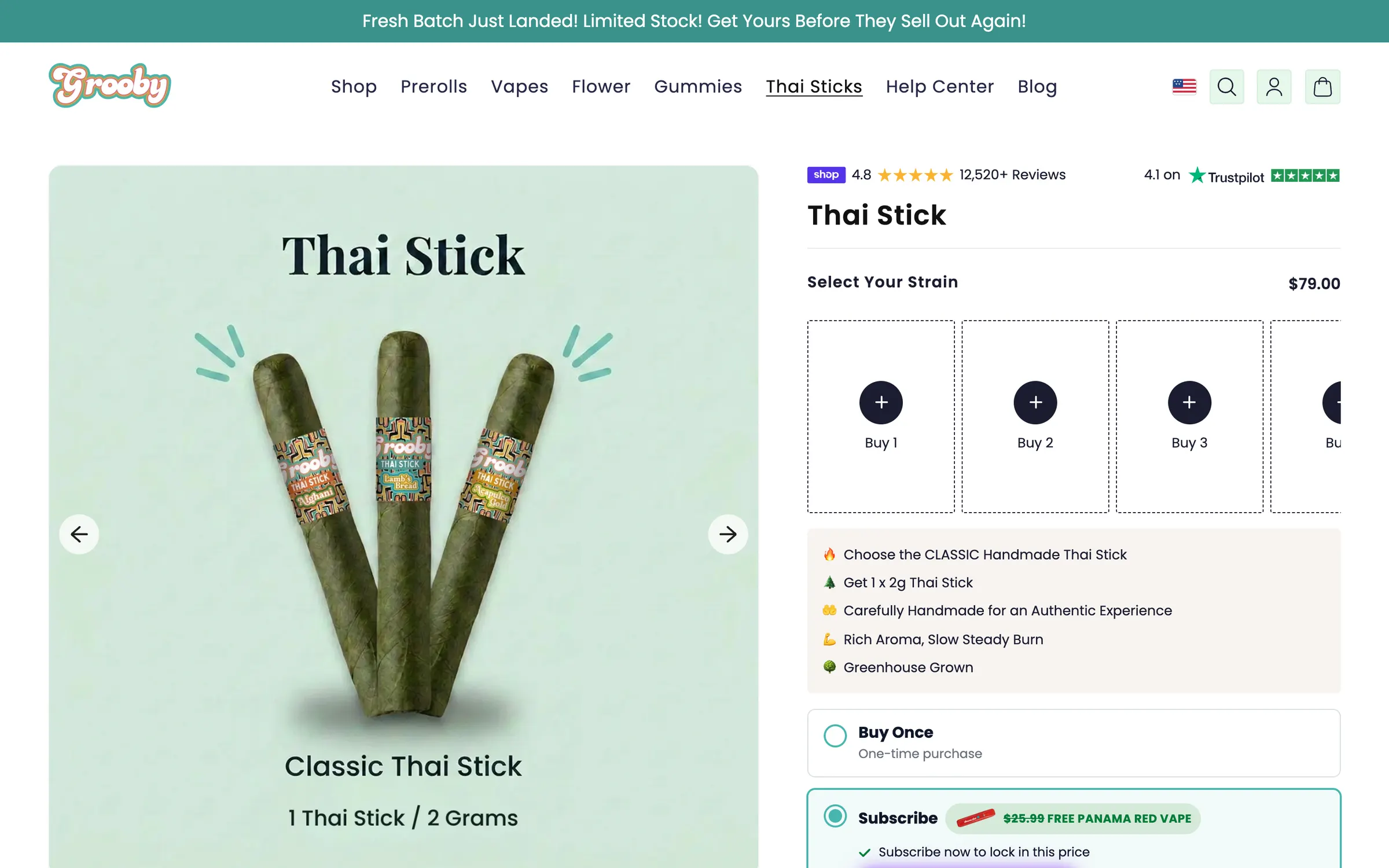 The Thai Stick product page: three Thai sticks on mint green, the price and a choice of strains