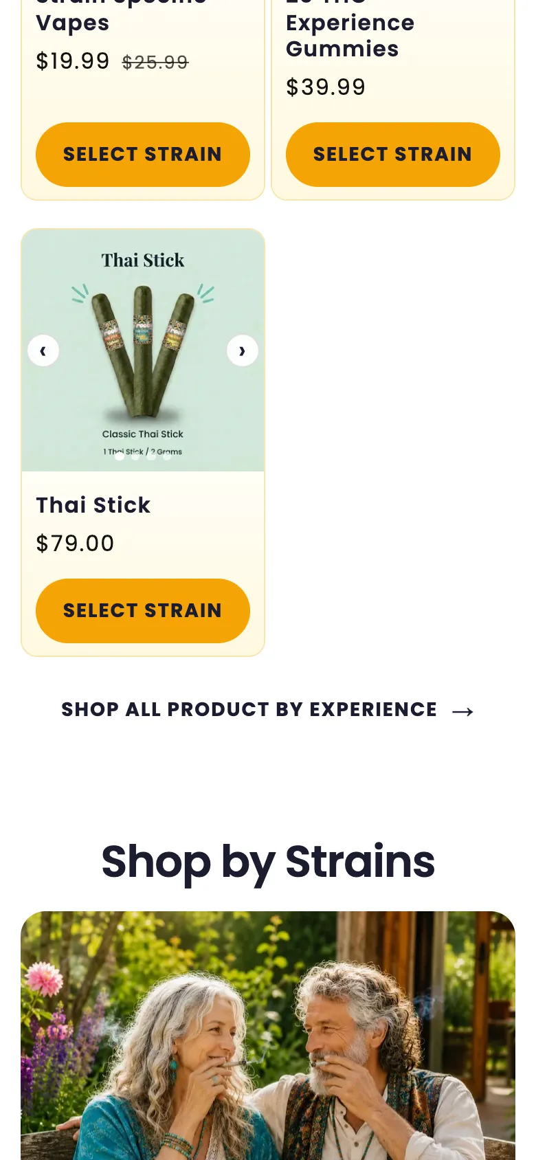 Further down the homepage on a phone: products with Select Strain buttons, then Shop by Strains