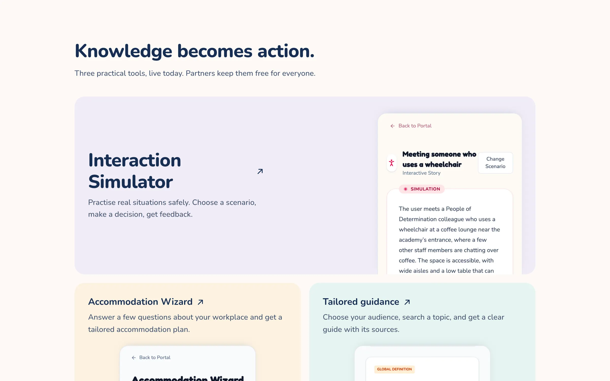 Knowledge becomes action: cards for the Interaction Simulator, the Accommodation Wizard and Tailored guidance