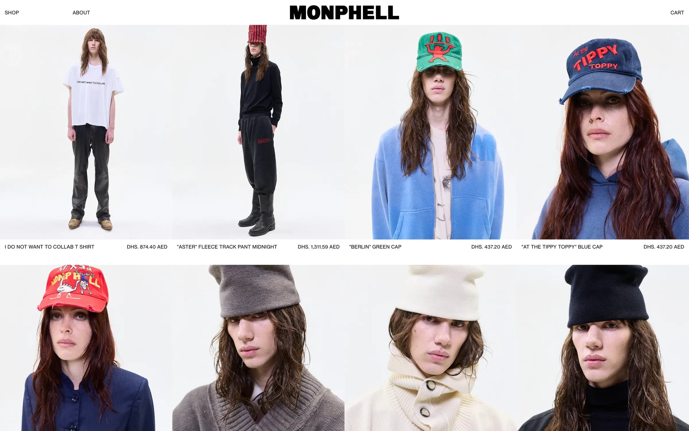 The shop: models in t-shirts, track pants and caps on white, each with its name and price