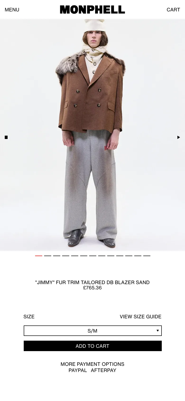 The Jimmy fur trim blazer in sand on a phone: a model in the brown blazer, the size picker and add to cart