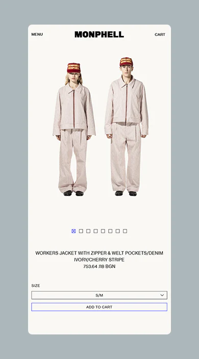 Two models in red Monphell caps and striped workwear, next to the store's product page for the workers jacket