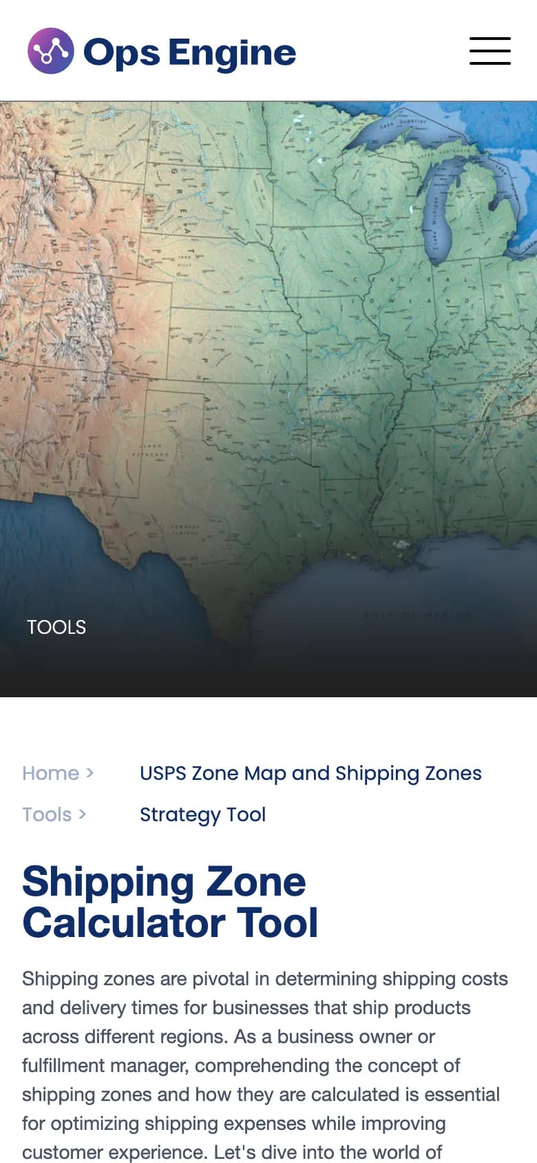 The Shipping Zone Calculator Tool on a phone: the map of the United States and the tool's introduction