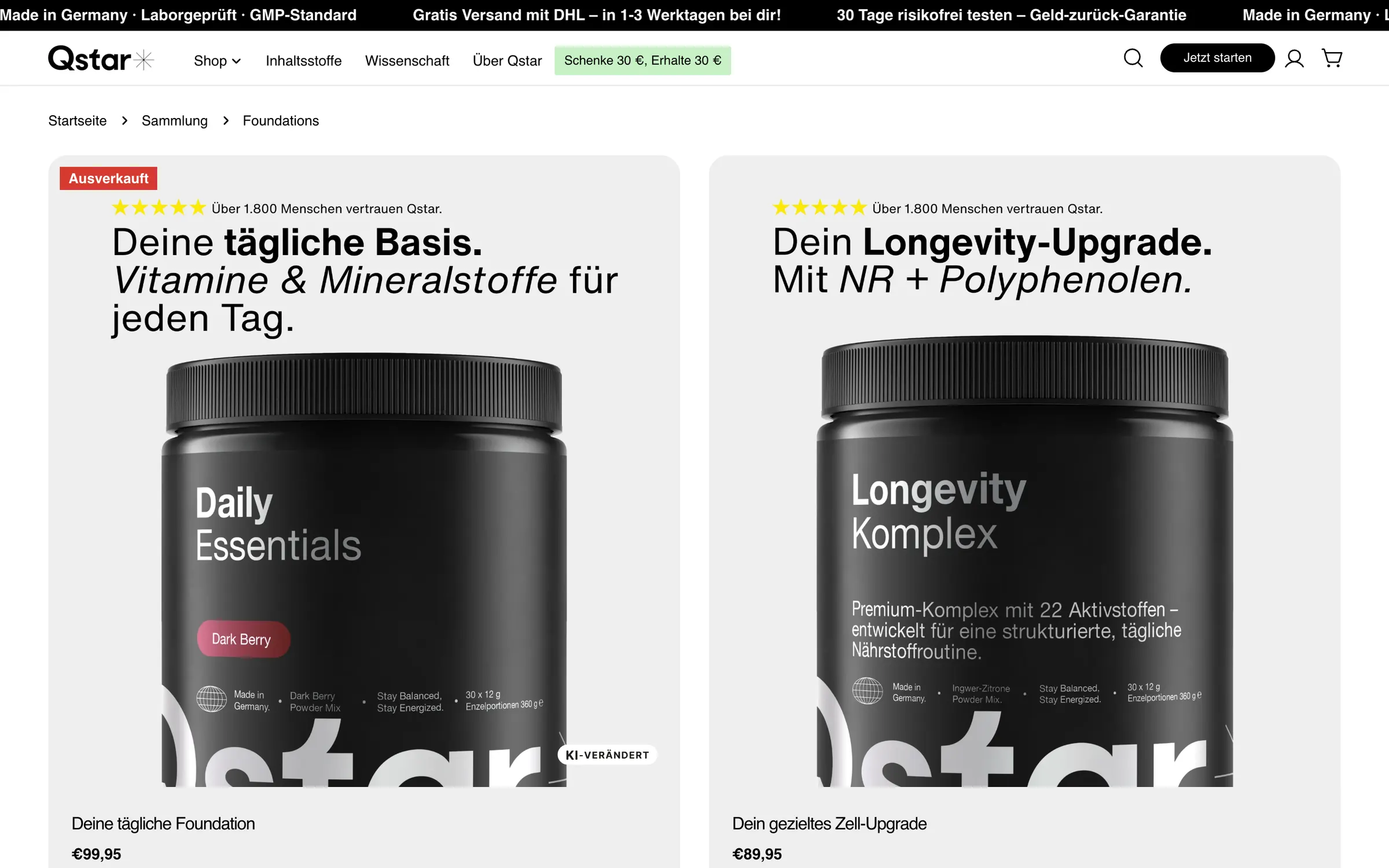 The Foundations collection in German: Daily Essentials and the Longevity Komplex, each a black tub on a grey card with its rating and price