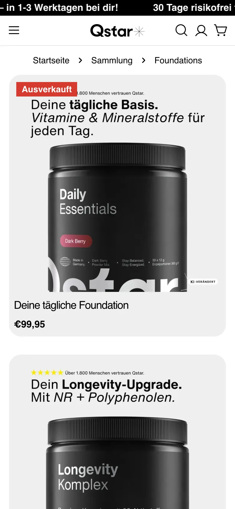 The Foundations collection on a phone: Daily Essentials and the Longevity Komplex in black tubs