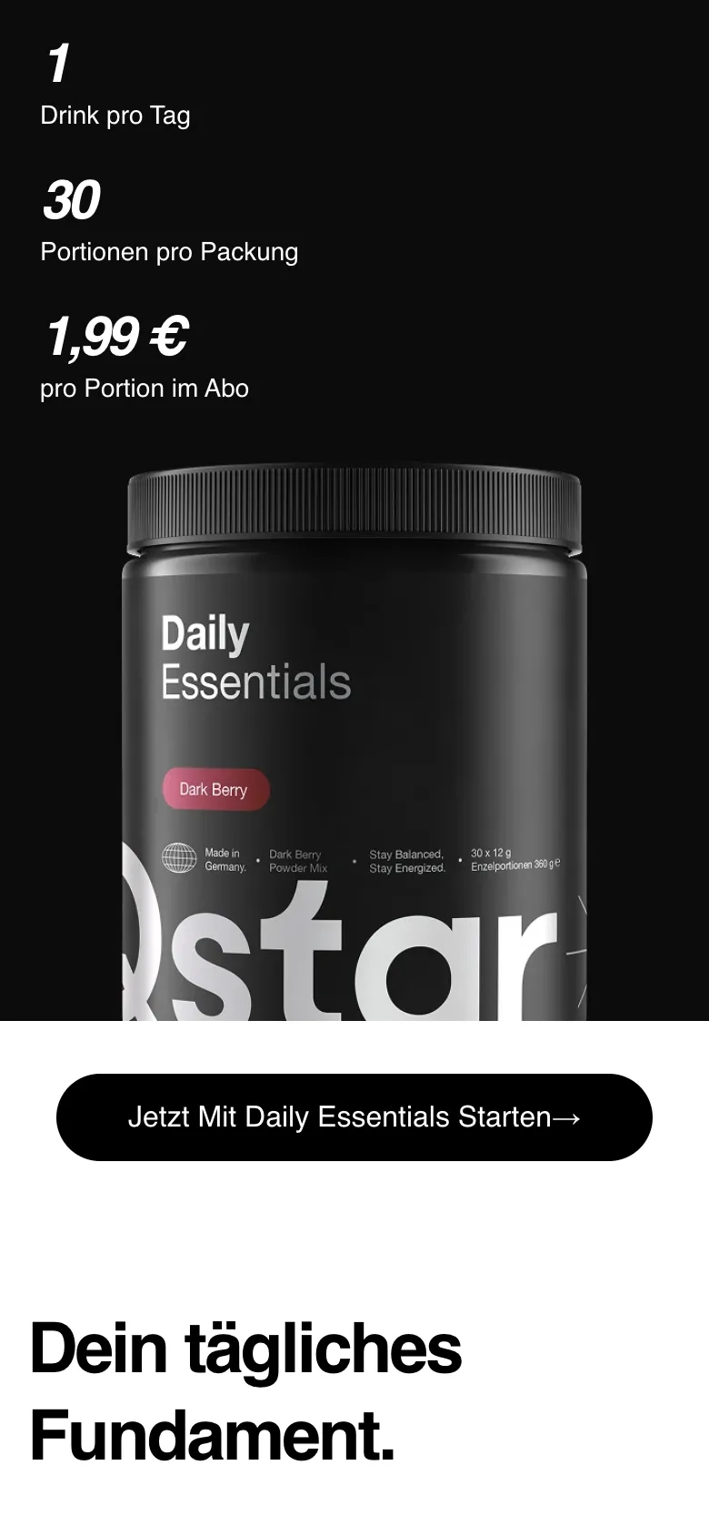 Further down the homepage on a phone: one drink a day, 30 servings a pack, the price per serving and the Daily Essentials tub
