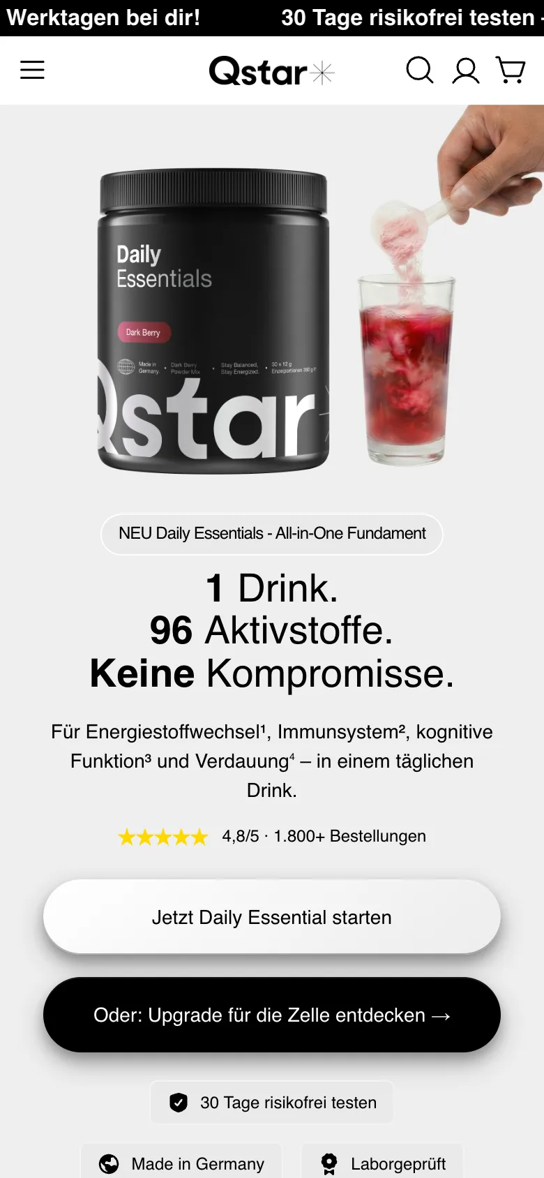 The homepage on a phone, in German: the Daily Essentials tub, a red drink and the headline 1 Drink. 96 Aktivstoffe. Keine Kompromisse.