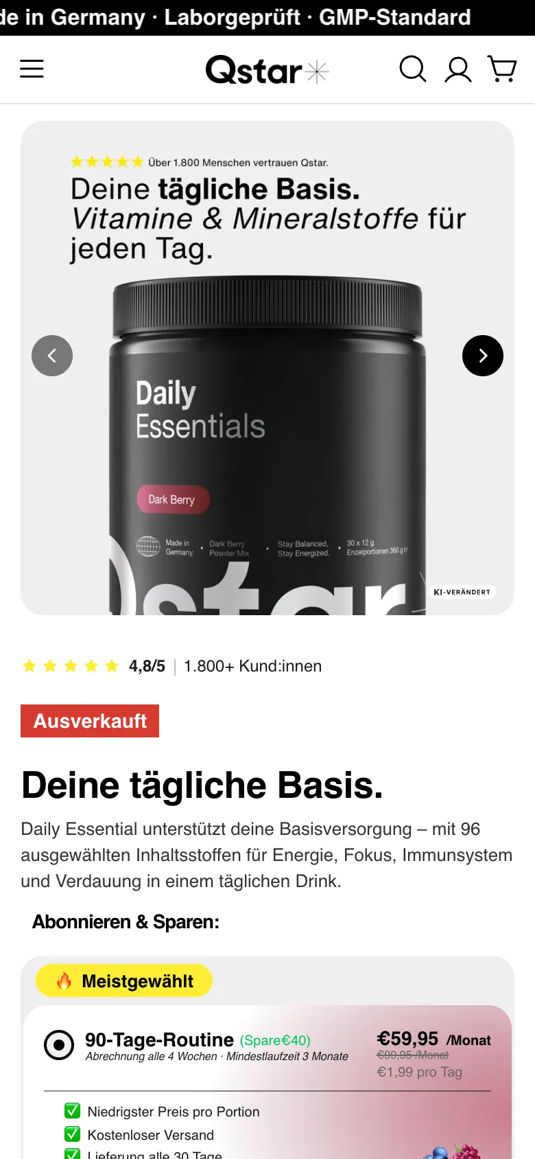 The Daily Essentials product page on a phone, in German: the tub, its rating and the 90 day routine with its price