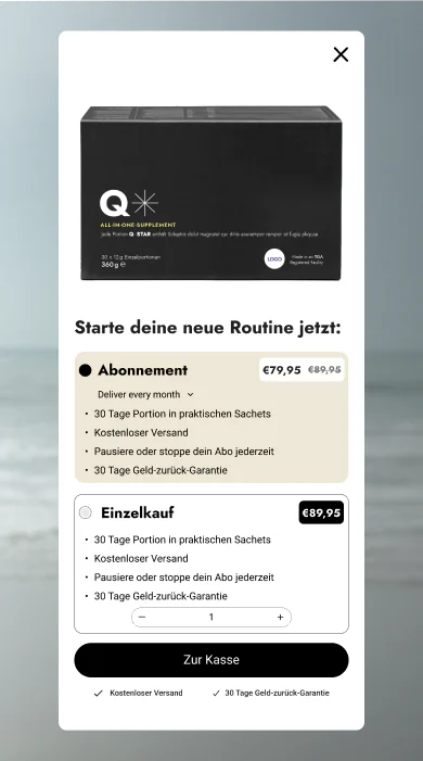 A smiling man on a beach next to the Q-STAR order panel, where you pick a monthly subscription or a single purchase of the supplement box
