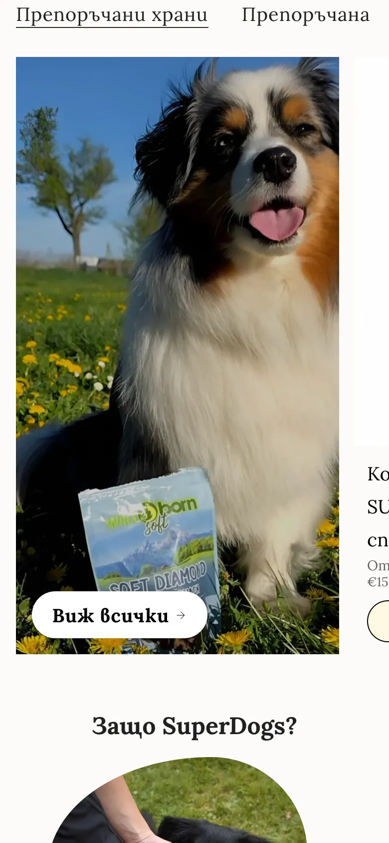 Further down the homepage on a phone: a shepherd dog with a bag of WILDBORN, then Why SuperDogs?