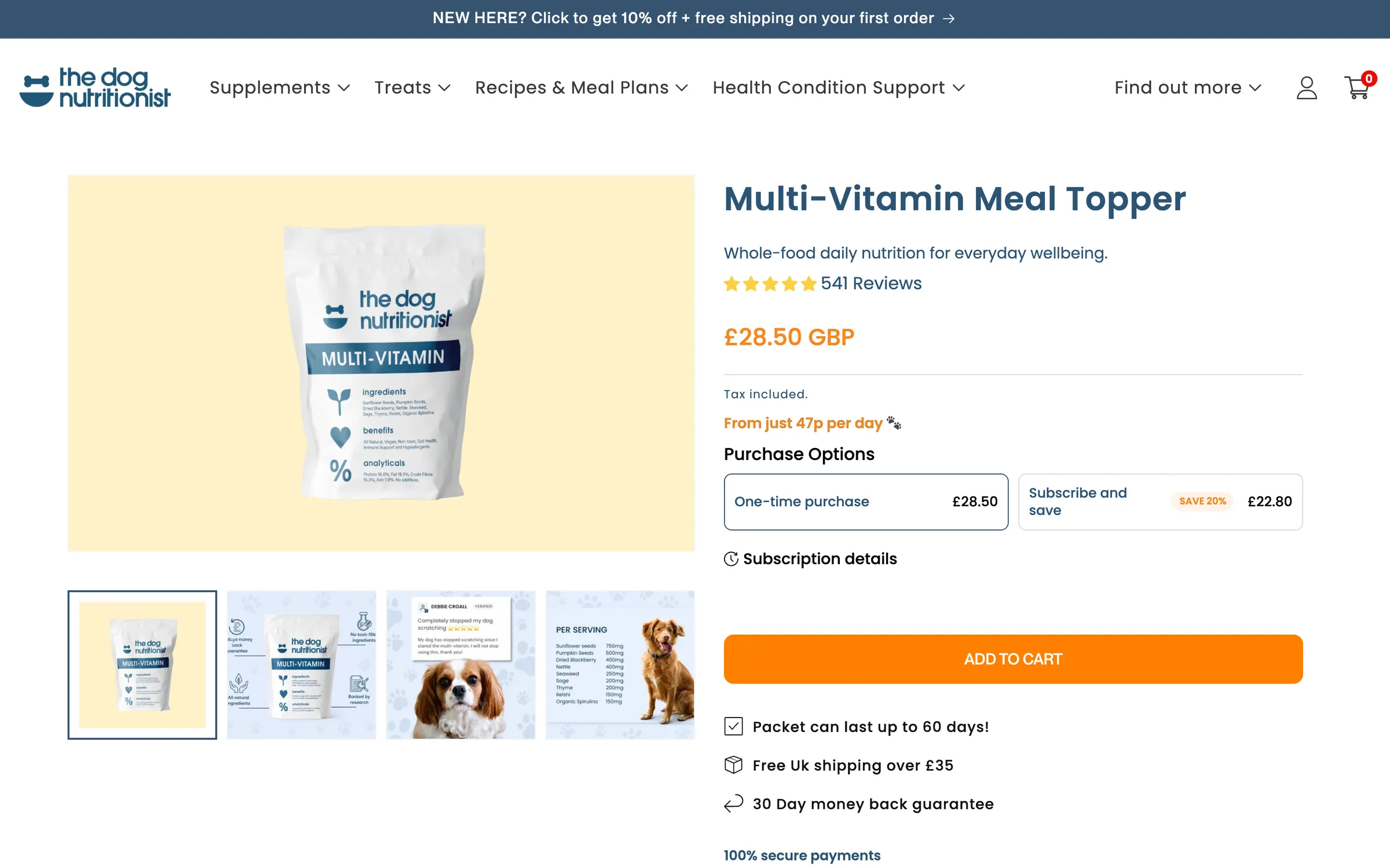 The product page for the Multi-Vitamin Meal Topper: the pouch, 541 reviews, purchase options and an orange add to cart button
