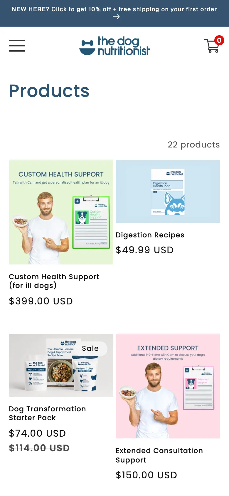 The Products collection on a phone: health support plans, recipes and the starter kit, with prices