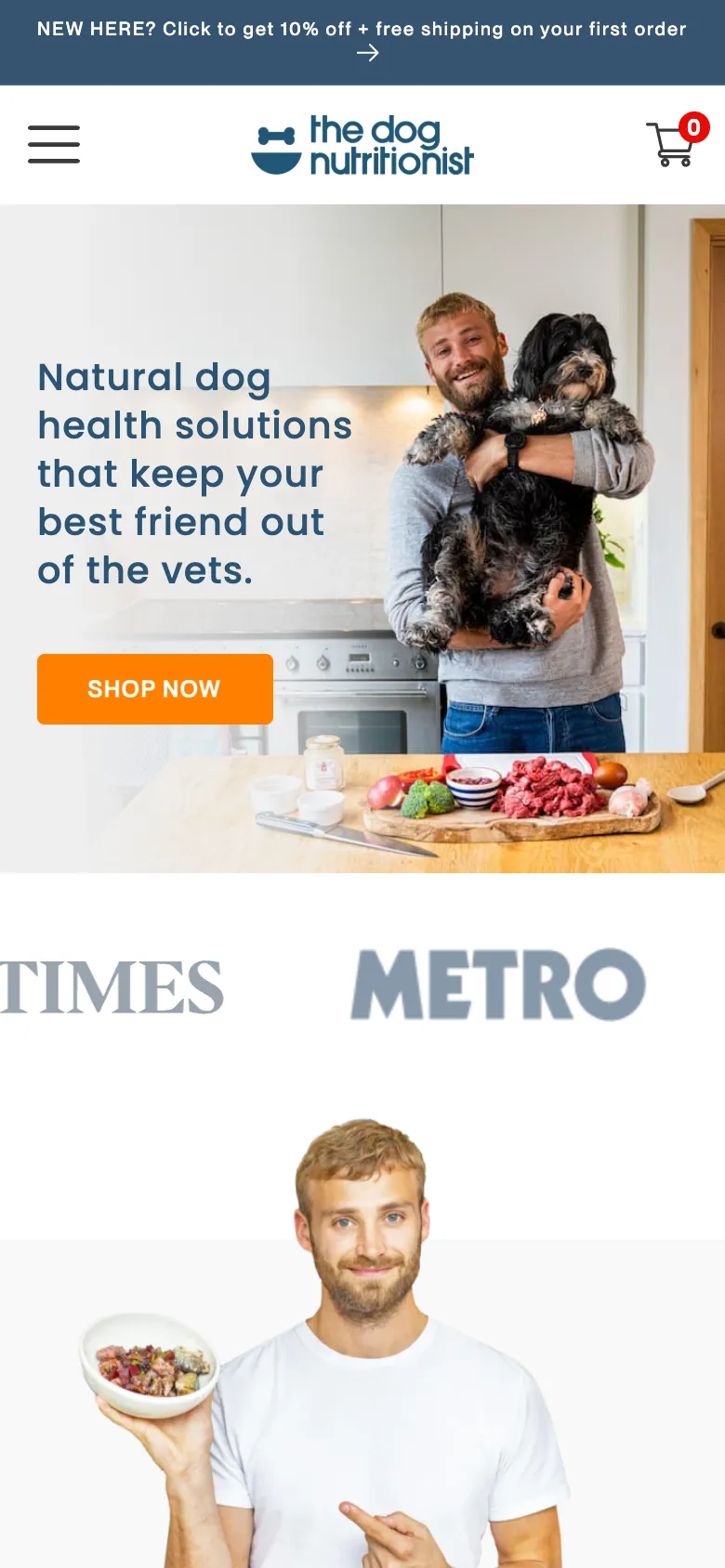 The homepage on a phone: the same headline, Cam with his dog, and an orange Shop Now button