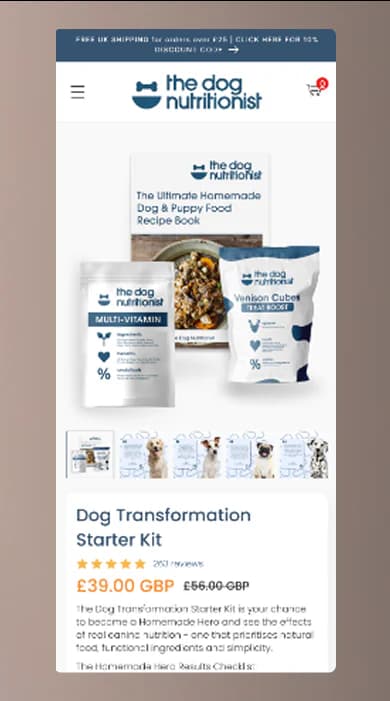 A Dogue de Bordeaux sitting by bowls of fresh food, next to The Dog Nutritionist's product page for the Dog Transformation Starter Kit