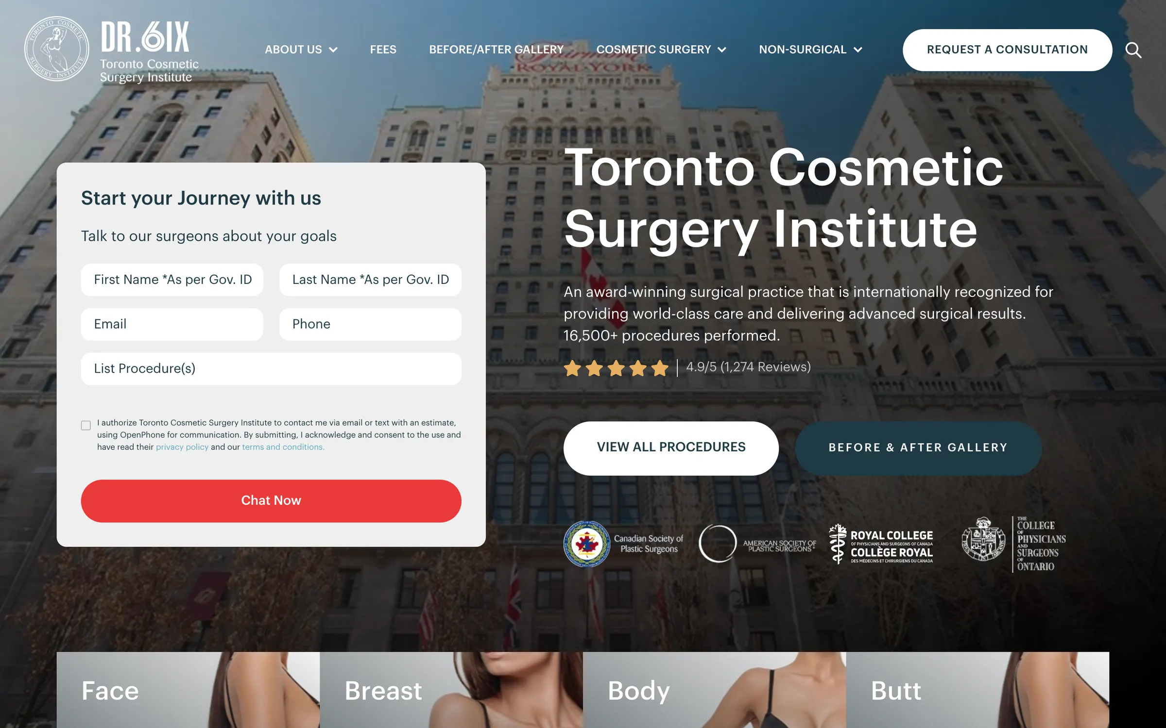 The institute's homepage: the Royal York Hotel behind the title Toronto Cosmetic Surgery Institute, a consultation form and the surgeons' professional bodies