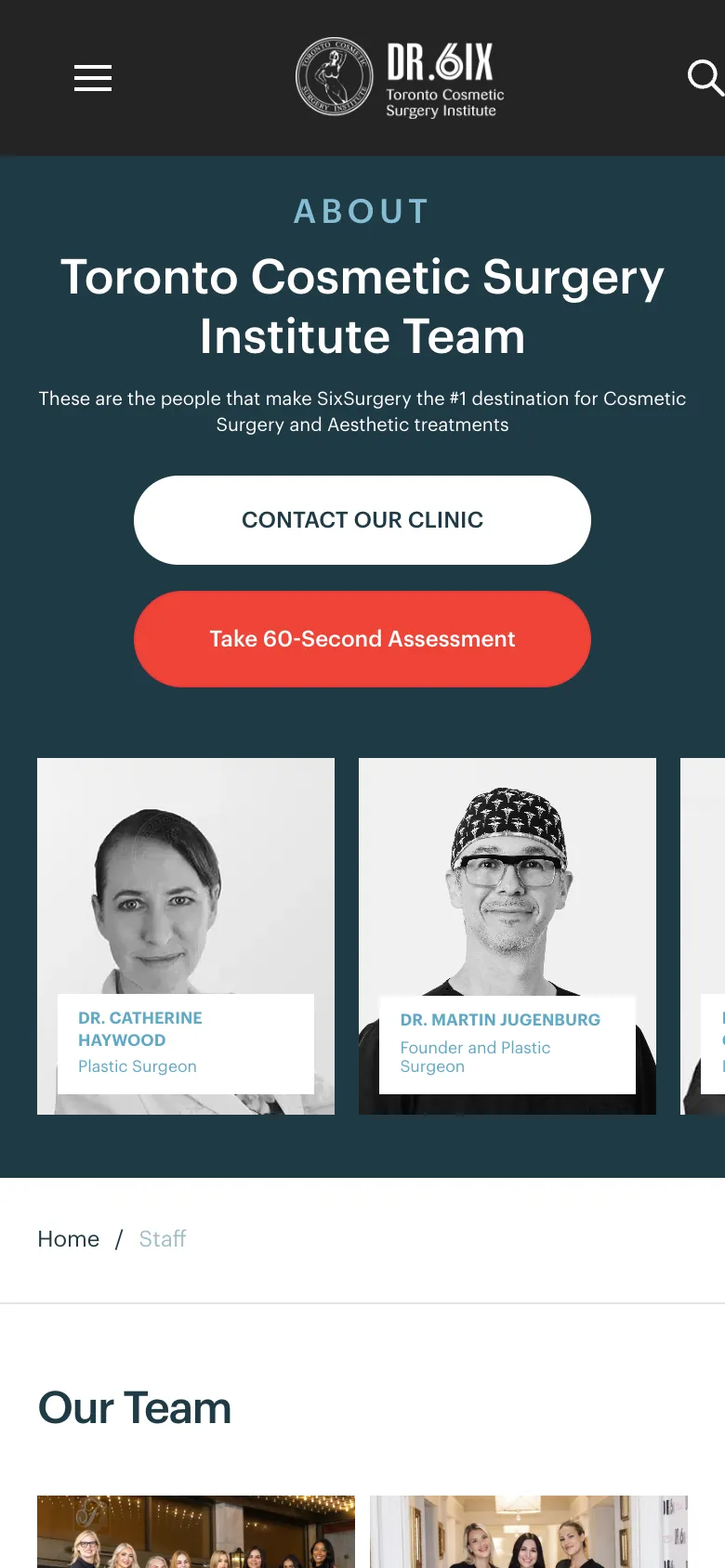 The team page on a phone: photos of the surgeons, a contact button and a 60-second assessment
