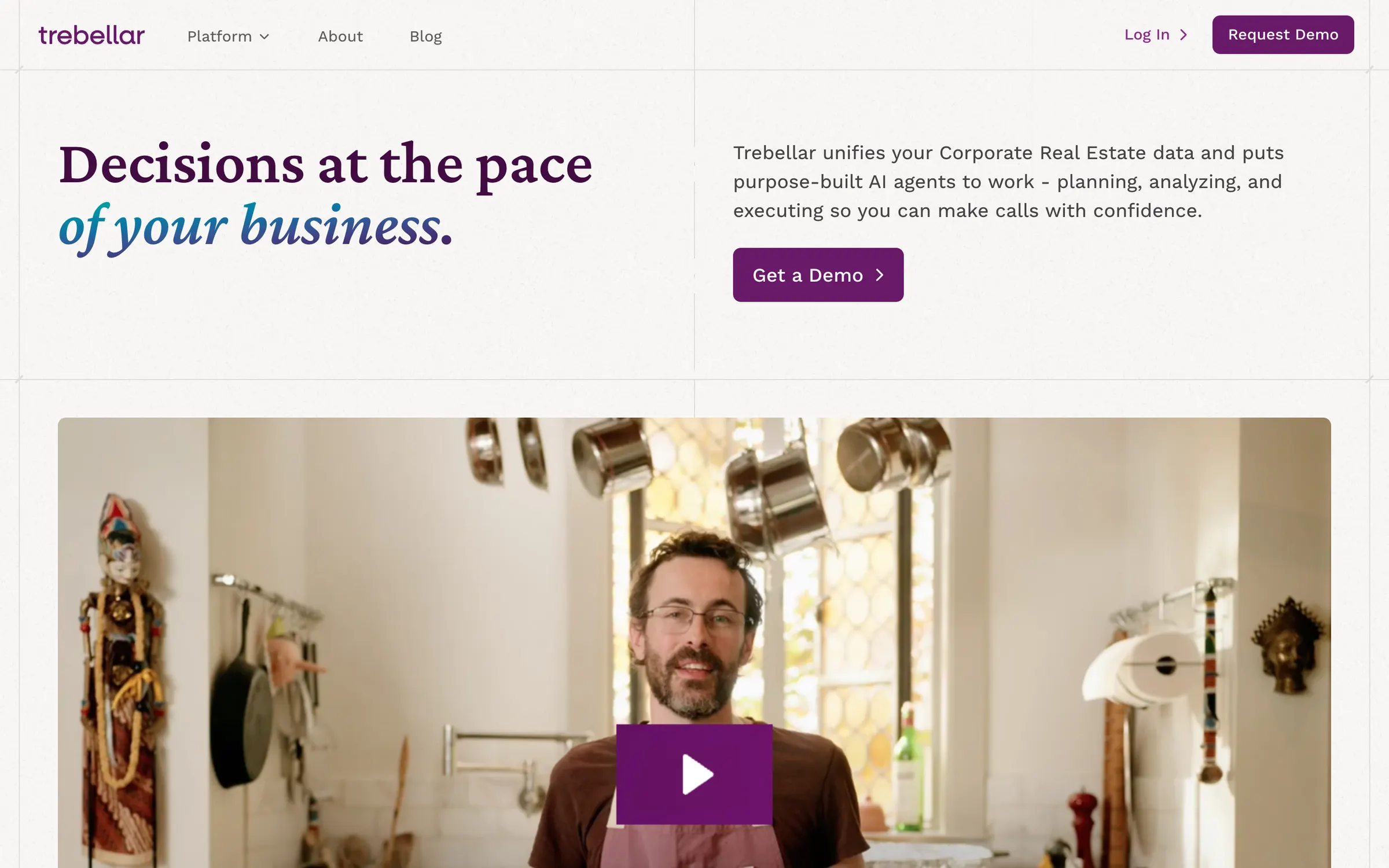 The Trebellar homepage: Decisions at the pace of your business, a Get a Demo button and a video of a man in a workshop