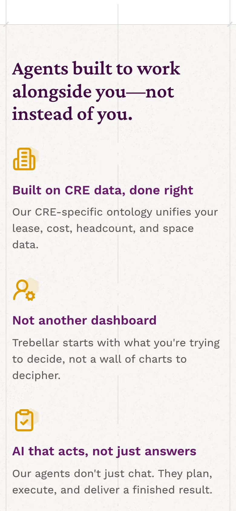 Further down the homepage on a phone: Agents built to work alongside you, with three of their strengths