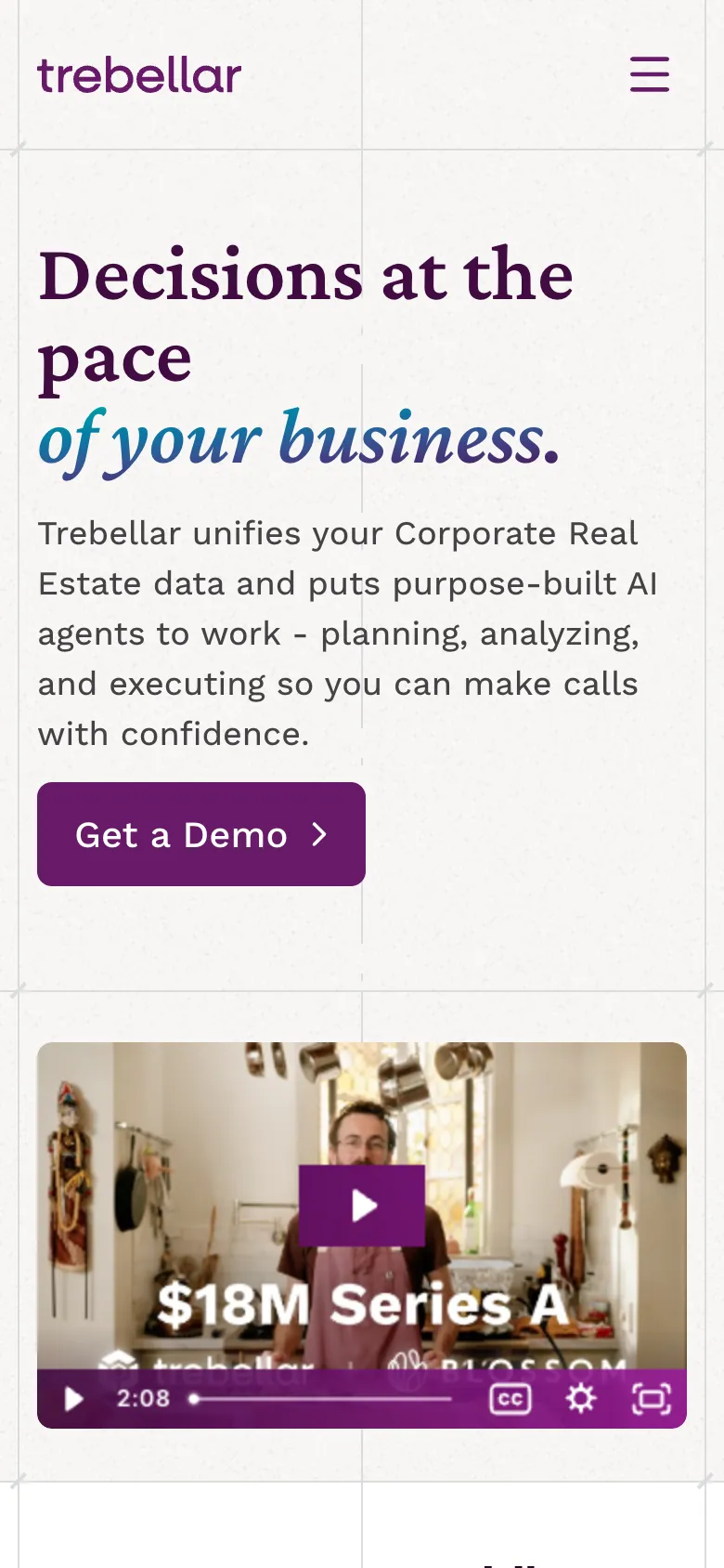 The homepage on a phone: the headline, Get a Demo and the video