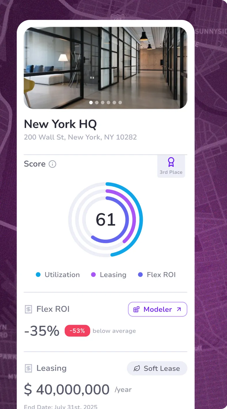 Trebellar's map of New York with a building card: New York HQ, a score of 61, flex ROI and leasing cost