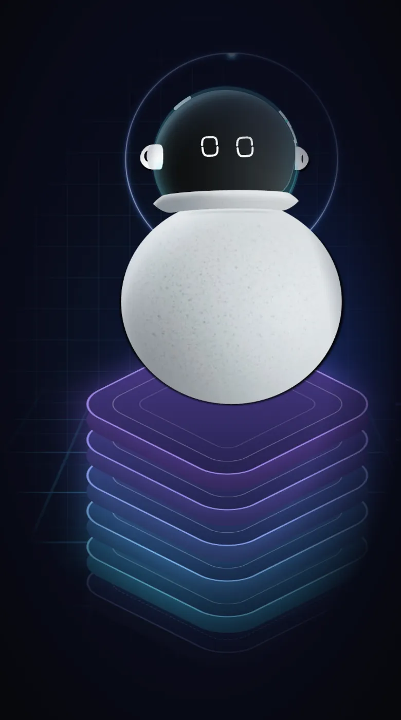 UPAB's mascot, a small robot in a glass helmet, on a glowing stack of layers, from the hero of its expo page