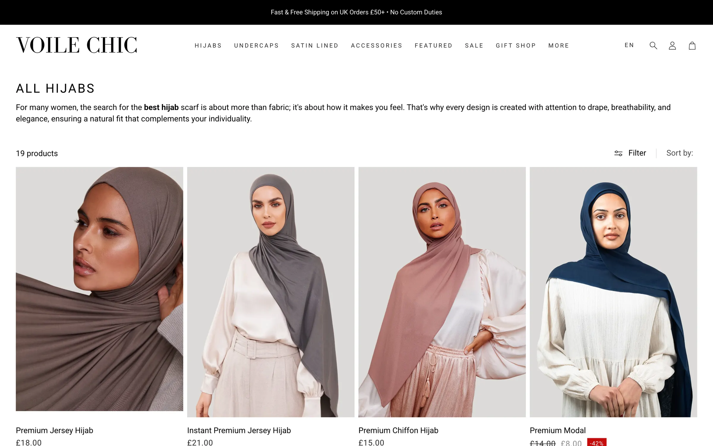 The All Hijabs collection: four women in jersey, chiffon and modal hijabs, with names and prices