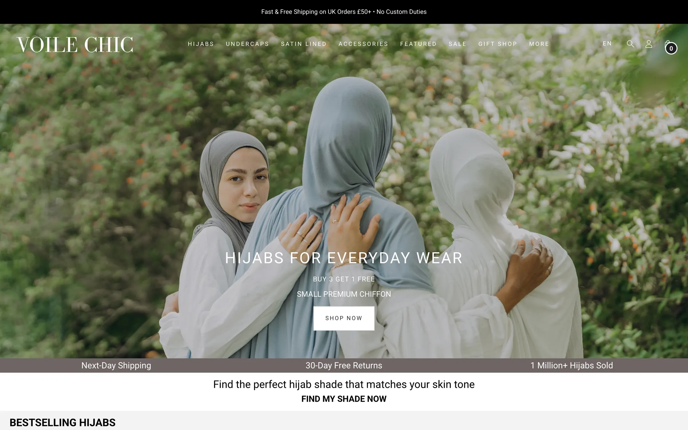 The VoileChic homepage: three women in pale hijabs among flowers, under Hijabs for everyday wear and a Shop Now button