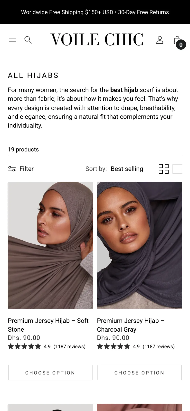 The All Hijabs collection on a phone: two women in brown and grey jersey hijabs, with prices and reviews