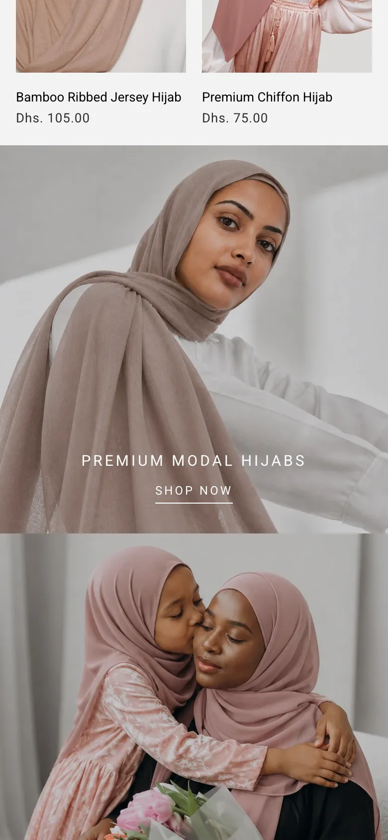 Further down the homepage on a phone: the Premium Modal Hijabs banner, and a mother and daughter in pink hijabs