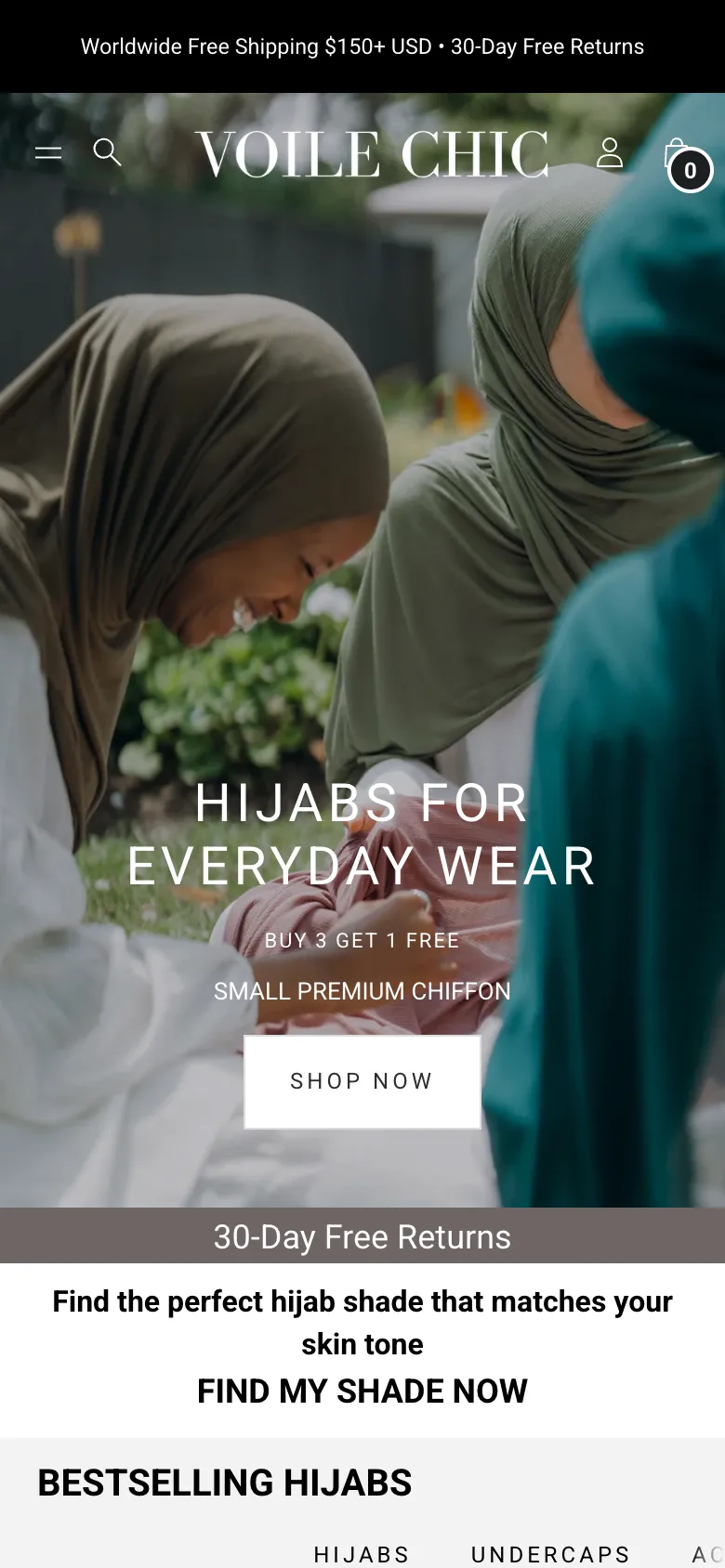 The homepage on a phone: women in green hijabs, Hijabs for everyday wear and a Shop Now button